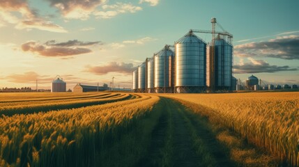 Granaries in a cornfield at sunset. A set of tanks for storing cultivated crops of wheat, soybeans, and sunflower at a processing plant. - obrazy, fototapety, plakaty