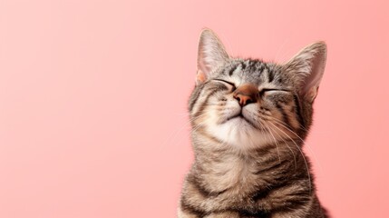 smiling tabby cat isolated on Pink Pastel background,  Copy space  banner