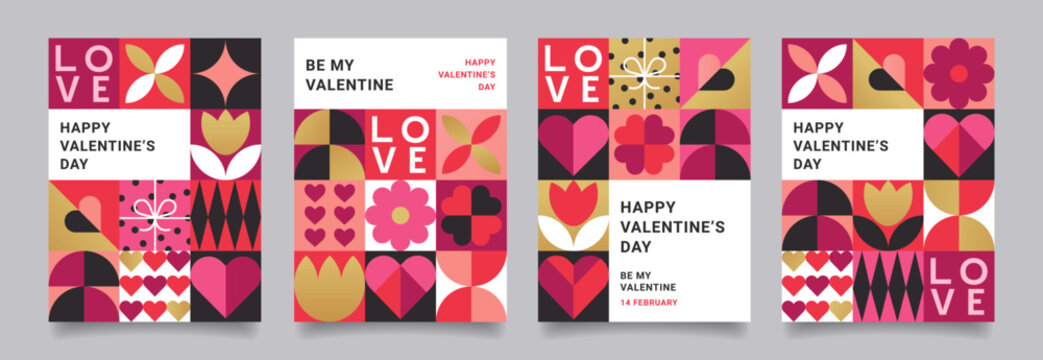 Set of  Valentine's Day poster, greeting card, banner, cover, label, promotion templates, pattern background in modern trendy geometric style. Creative concept for celebration.