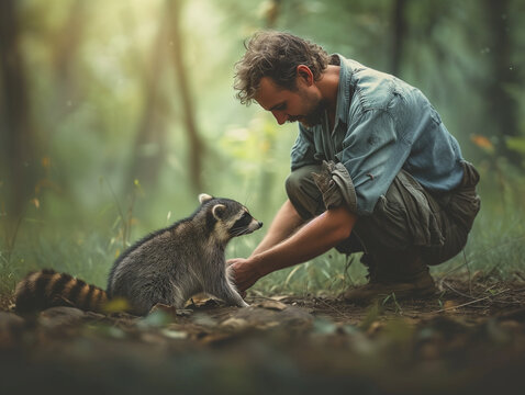 A Photo of a Man Playing with a Raccoon in Nature