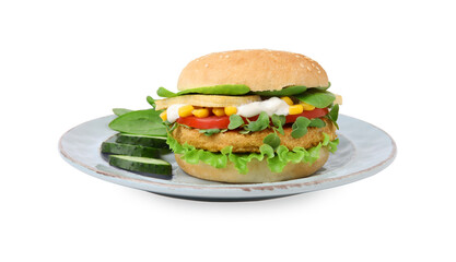 Tasty vegan burger with vegetables, patty and microgreens isolated on white