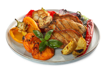 Plate with tasty grilled vegetables, meat and basil isolated on white