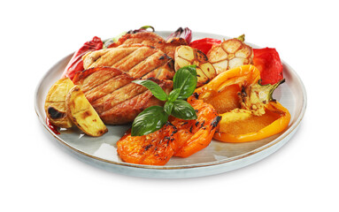 Plate with tasty grilled vegetables, meat and basil isolated on white