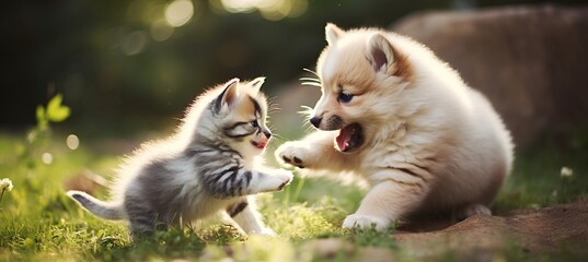 Obraz premium Kitten and dog playing on lawn in bright summer day with blurred background copy space available