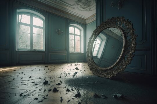 Round mirror in ruined room. Mirrored glass in deteriorated empty building space. Generate ai