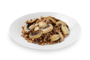 Tasty buckwheat with mushrooms isolated on white