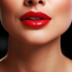 Woman face with sexy red lips close up.