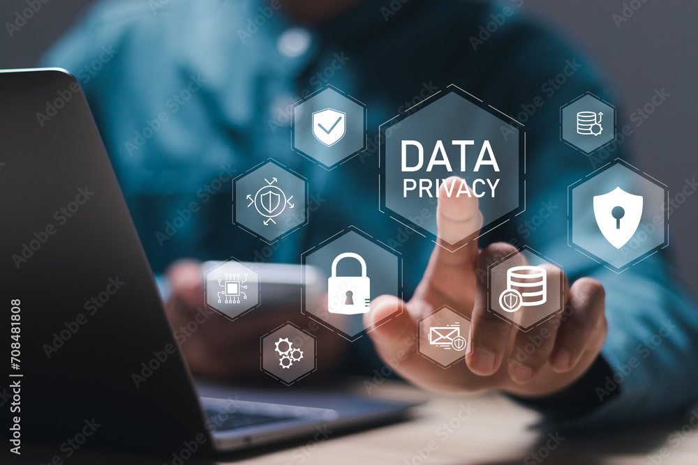 Poster data protection and security important information. person touch virtual screen of data privacy word