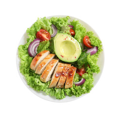 Delicious salad with chicken, avocado and vegetables in bowl isolated on white, top view