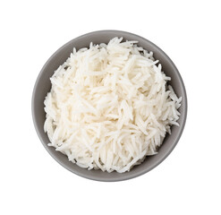Delicious rice in bowl isolated on white, top view
