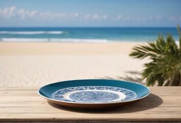 Fototapeta na wymiar Wooden tabletop with plate decoration, on kitchen beach background