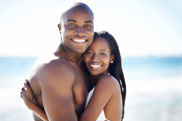Smile, hugging and portrait of black couple at the beach for valentines day vacation, holiday or...