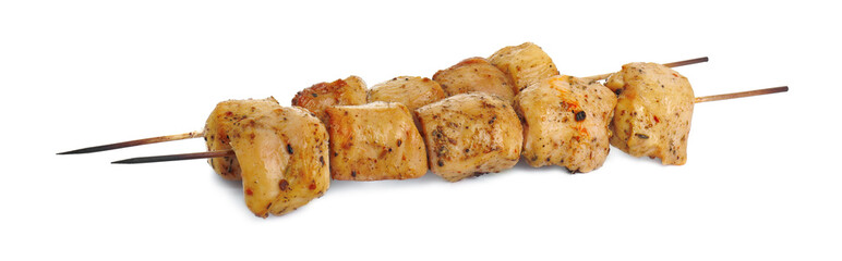 Skewers with delicious fresh shish kebabs isolated on white