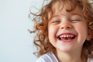 Radiantly Happy Child Laughing in Close-Up Portrait Against a Clean White Background
