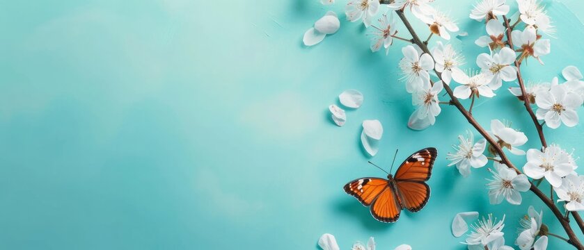 Beautiful spring nature background with butterfly, lovely blossom