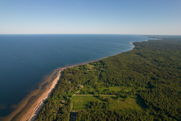 Fototapeta na wymiar Aerial View of a Serene Coastline with Lush Forest