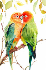lovebirds parrots on isolated white background, animal watercolor painting. High quality illustration 