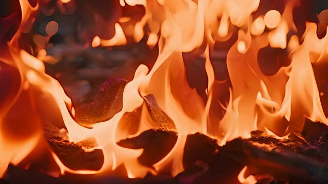 Close-up of vivid campfire flames at night