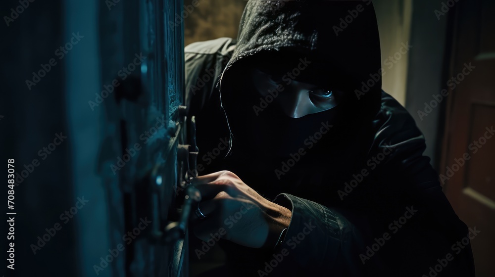 Wall mural photo of a mysterious thief wearing a black hoodie. ai generated.