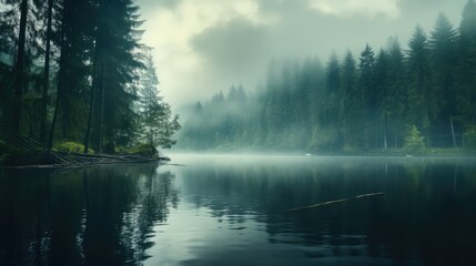Misty lake in wild forest. AI generated.