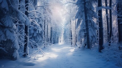 Beautiful photo of the snowy forest. AI generated.