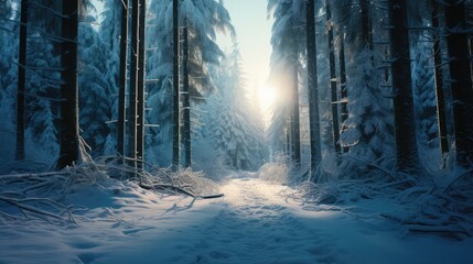 Beautiful photo of the snowy wild forest. AI generated.