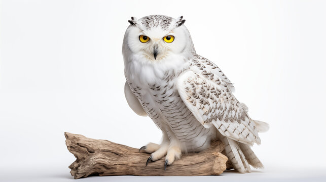 photograph white owl standing on branch in white background