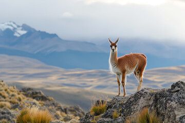 Capture a guanaco standing alert on a rocky hill in Patagonia. The background features a panoramic view of the rugged terrain