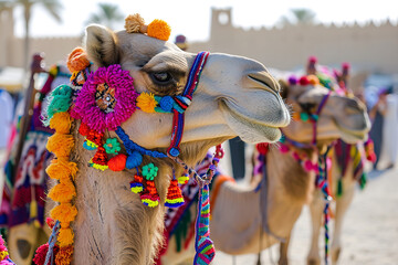 Visualize a festival in the Middle East dedicated to celebrating camels. The scene includes beautifully decorated camels - traditional music - and cultural dances