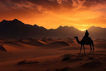 Fototapeta na wymiar Illustrate a photographer capturing the striking silhouette of a camel against the backdrop of a desert landscape at dusk. 