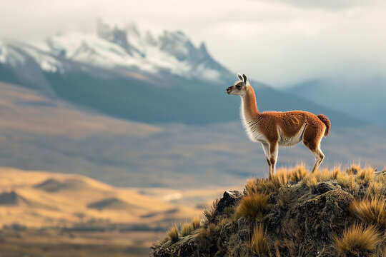 Depict a guanaco standing atop a hill - overlooking the vast and scenic Patagonian landscape. This majestic scene symbolizes the essence of freedom and the wild
