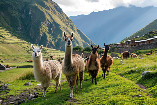 A group of llamas being used for eco-friendly transportation in a mountainous eco-village