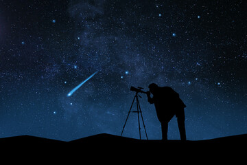 Astronomer looking at shooting star through telescope outdoors. Space for text