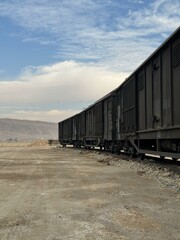 Obraz premium The freight train passes by the station. Wagons with goods delivery.