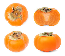 Fresh persimmon fruits isolated on white, collection