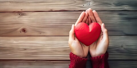 Hand of love and care. Human hands holding red heart symbol on wooden table symbolizing life health and support in concept of valentine day - obrazy, fototapety, plakaty