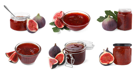 Tasty fig jam isolated on white, collection