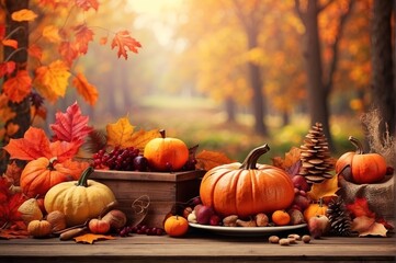 Thanksgiving with decoration, on autumn forest background