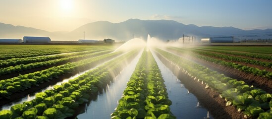 Solar energy irrigates a lettuce field in Turkey. - obrazy, fototapety, plakaty