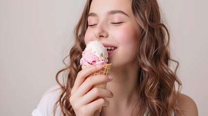 Summer concert. Glad positive woman holds tasty frozen ice cream, enjoy eating delicious cold dessert, poses on background, feels happy.