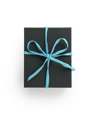 Top view of black gift box with azure paper ribbon isolated on white background