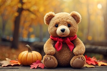 Toy bear with decoration, on autumn forest background