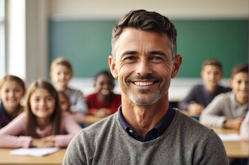 Portrait of smiling male teacher in a class at elementary school looking at camera with learning students on background