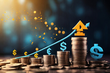 Financial growth concept: Stacked coins with up arrow and percentage symbol, representing increased interest, mortgage investment, and business dividend. Ideal for banking visuals. - obrazy, fototapety, plakaty
