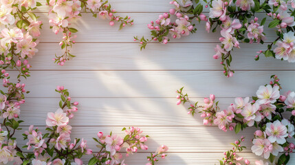 Fototapeta na wymiar Spring Flowers Border on Light Wooden Surface