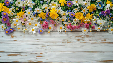 Spring Flowers Border on Light Wooden Surface