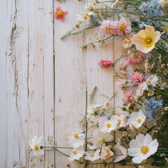 Spring Flowers Border on Light Wooden Surface