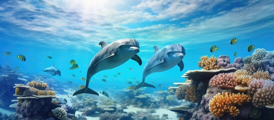 Dolphins swimming in the Red Sea, Egypt. Marine life underwater.