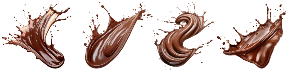 Foto op Plexiglas Set of a chocolate splashes isolated on white or transparent background. Close-up of a splash of fresh milk chocolate. An element to be inserted into a design or project. © SERSOLL