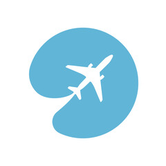 Flying plane over blue circle background. Symbol global travel and business. Vector illustration